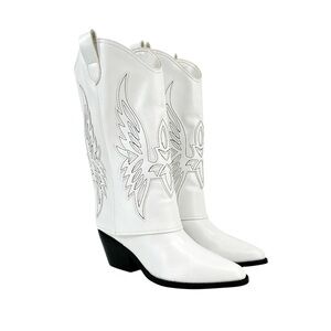 Nine West Ringer Detailed White Block Heel Mid Calf Western Boots sz 9M